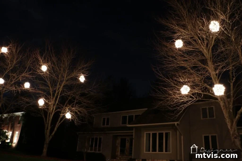 Close-up of a glowing white lighted Christmas ball hanging in a tree branch after dark.