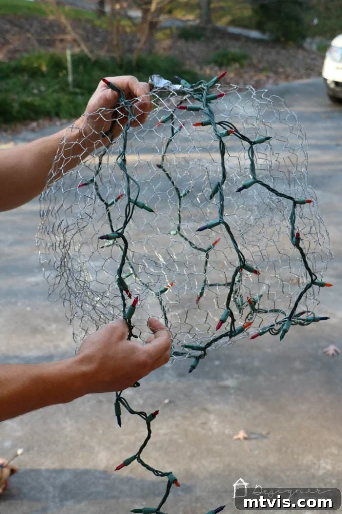 Wrap two 100-count light strands through chicken wire ball, securing lights evenly and leaving male plug exposed.