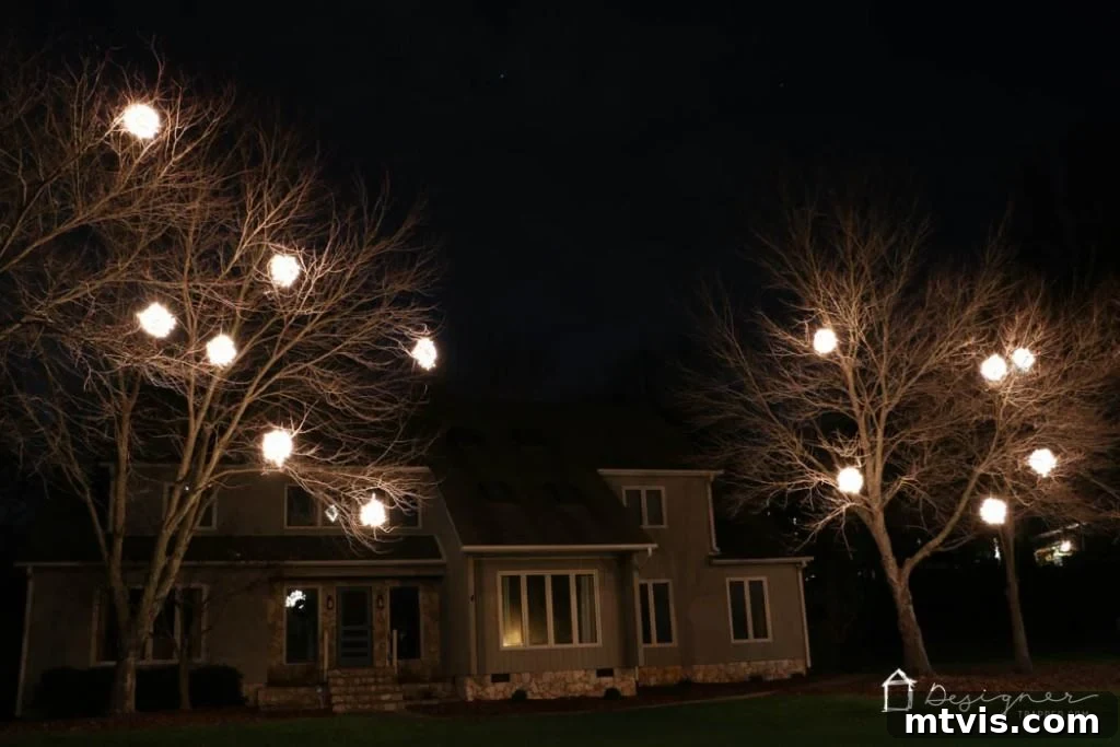 Beautiful outdoor display of multiple white lighted Christmas balls hanging in trees at night.