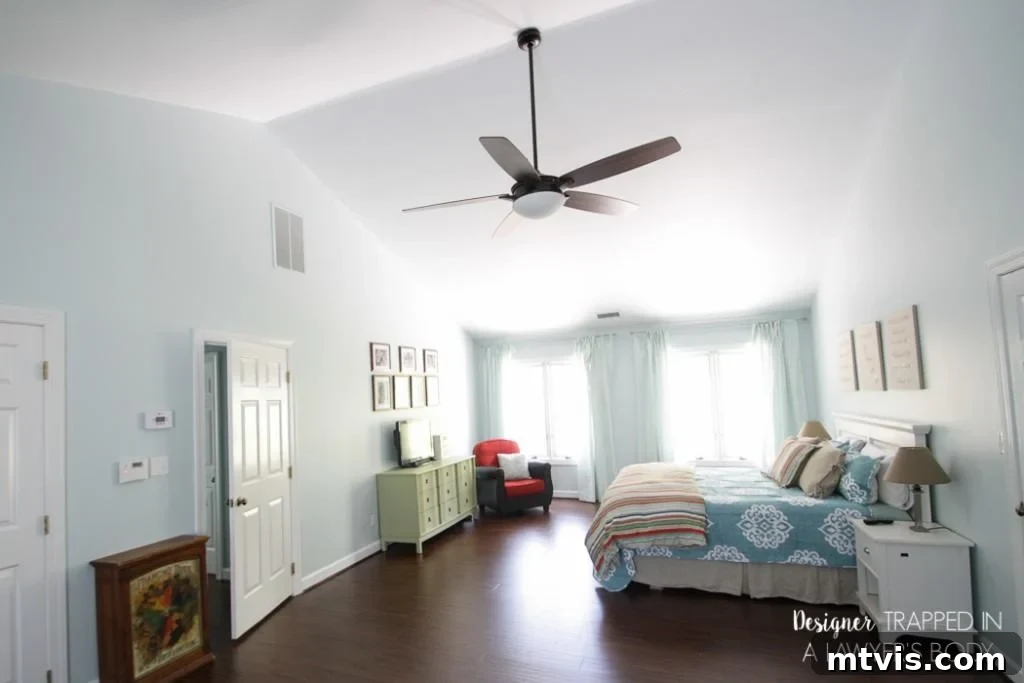 Before and after of a master bedroom makeover with new paint and laminate flooring, demonstrating the power of simple DIY updates.