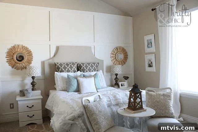 Budget-friendly master bedroom makeover for under $500, featuring an elegant DIY board and batten accent wall.