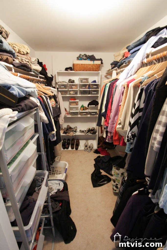 Conquer Your Closet Chaos in 2 Hours 2 Before & After: Chaotic closet filled with clothes and shoes