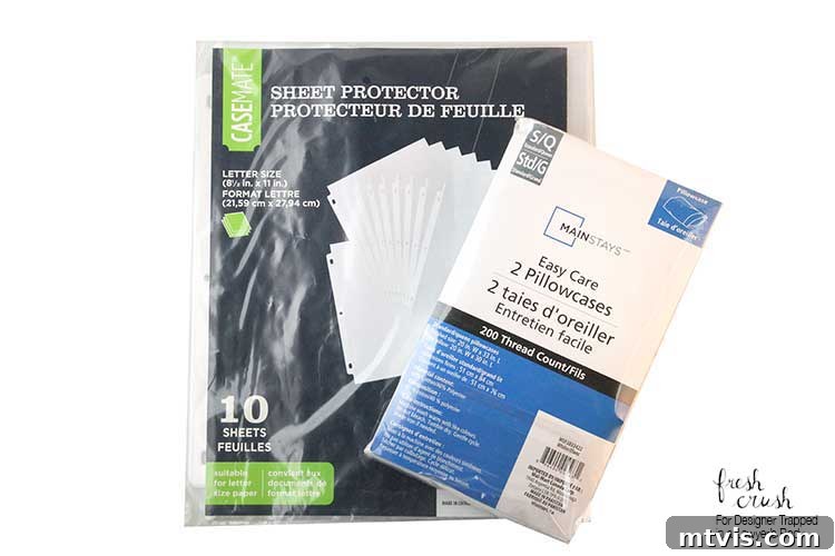 Overview of simple materials needed for DIY personalized pillowcases: cotton pillow cases, plastic sheet protectors, and an inkjet printer.
