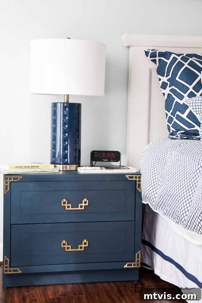 Campaign Nightstand Revival 9 Full shot of the transformed campaign bedside table in a bedroom setting.