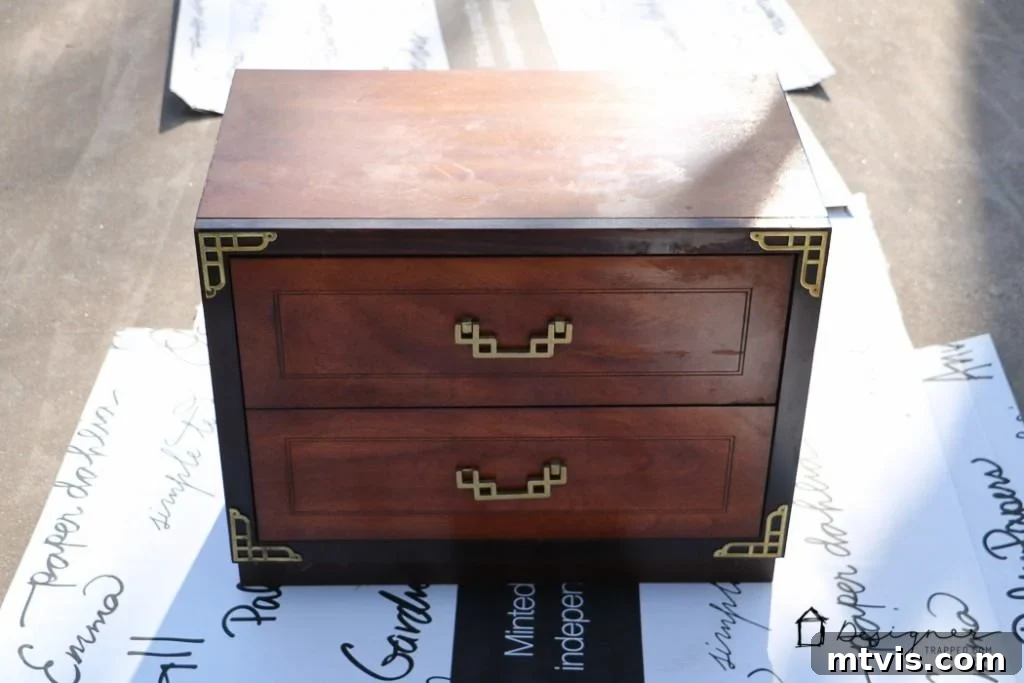 Campaign Nightstand Revival 10 Original worn wooden campaign bedside table before makeover.