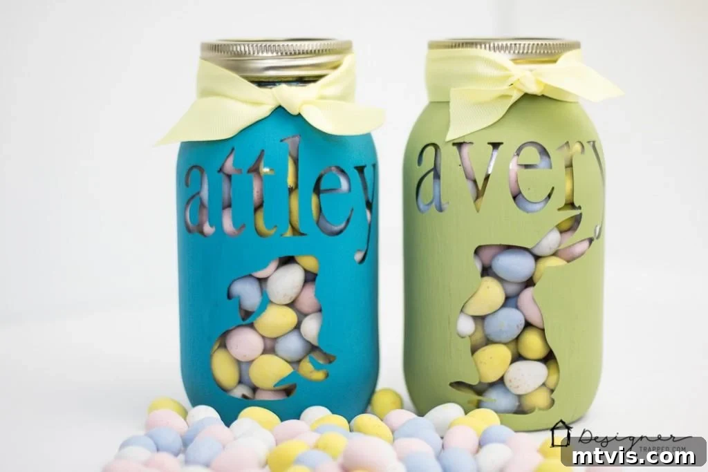 Craft Your Own Custom Mason Jars 5 A vibrant green personalized mason jar featuring a bunny silhouette and a name, filled with Easter candy and tied with a bow.