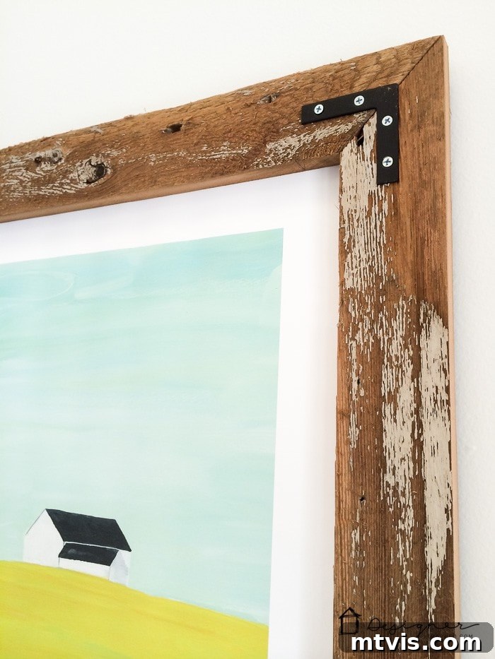 Close up of DIY frame showing reclaimed wood texture