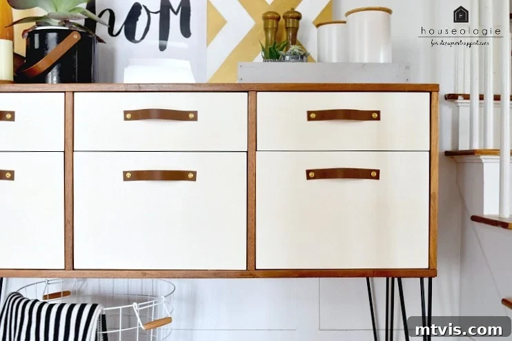 Photo of a modern wood and white credenza featuring elegant hairpin legs and custom leather drawer pulls, highlighting a stylish furniture transformation.