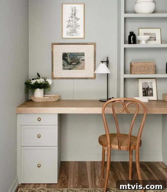 50 IKEA Hacks You Won't Believe Are IKEA 7 A beautifully crafted DIY desk nestled against a small wall in a brightly lit room. A stylish wooden chair is positioned in front, and the desk's shelves are adorned with charming knickknacks, photographs, and a thriving plant. This elegant workspace utilizes IKEA Alex drawers as part of its clever DIY IKEA hack, photographed by Jyll Mackie.