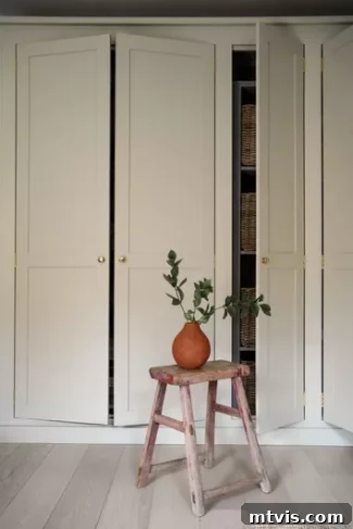 50 IKEA Hacks You Won't Believe Are IKEA 11 Pristine white built-in wall storage, ingeniously crafted from Billy bookcases, lines the walls. The doors, slightly ajar, hint at the organized space within. A stylish step ladder, adorned with a green plant, sits gracefully in front of this elegant DIY IKEA hack, adding a touch of nature to the refined setup.