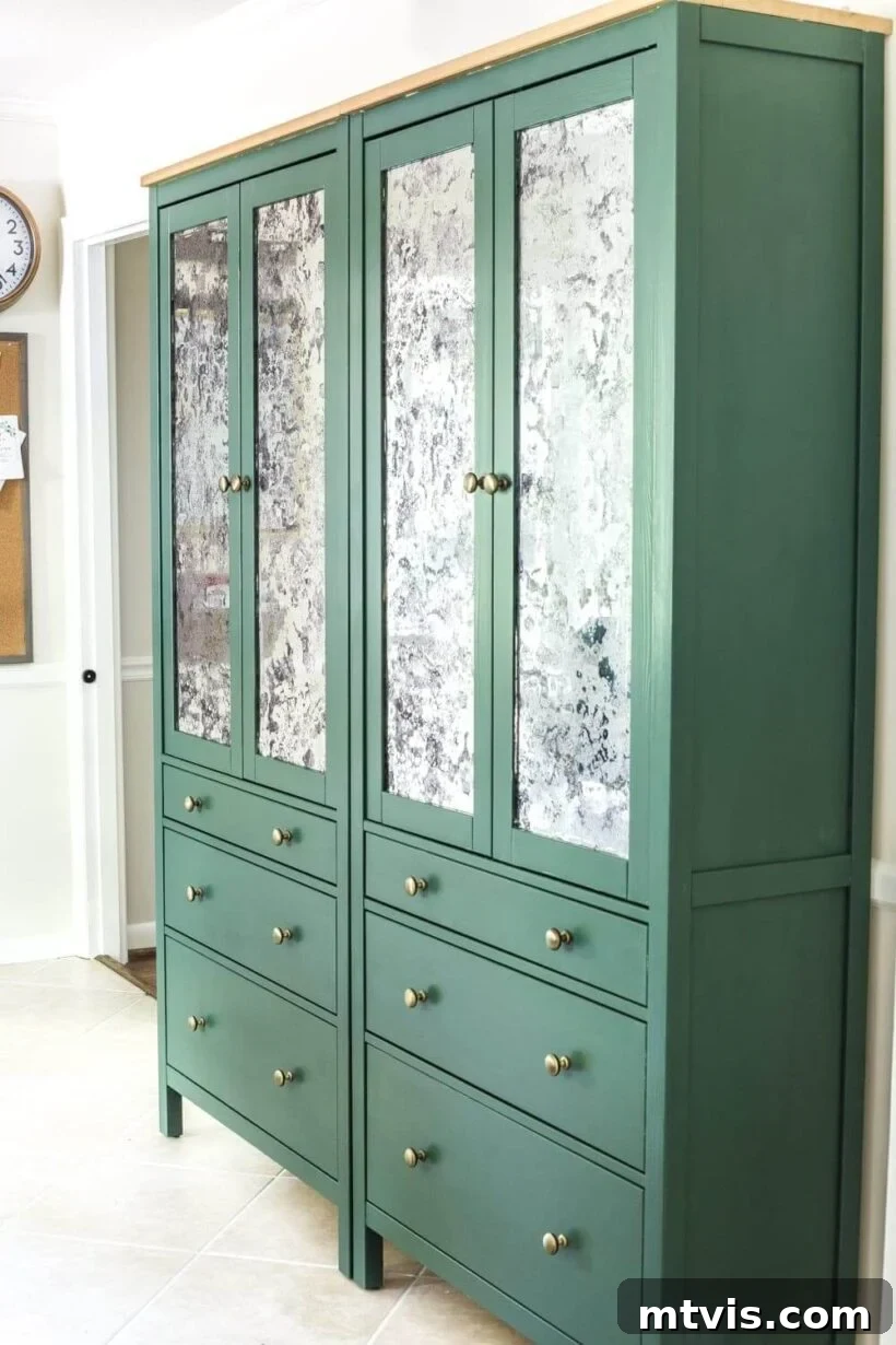 50 IKEA Hacks You Won't Believe Are IKEA 12 Two elegant green Hemnes free-standing cabinets, complete with drawers and doors, have been ingeniously transformed into a beautiful free-standing pantry using these smart DIY IKEA hacks, offering ample and stylish storage.