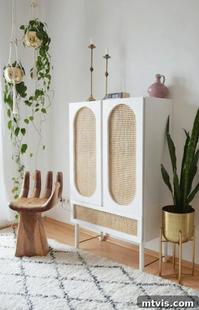 50 IKEA Hacks You Won't Believe Are IKEA 13 A stylish IKEA rattan Ivar cabinet positioned against a light-colored wall, accompanied by a large, thriving hanging plant in the corner and a unique wooden hand-shaped chair. This clever hack transforms a basic cabinet into a sophisticated piece of furniture.