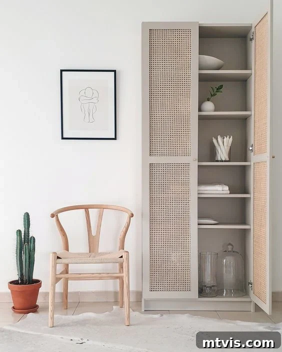 50 IKEA Hacks You Won't Believe Are IKEA 17 A tastefully painted beige IKEA Billy bookcase, now featuring elegant caned doors, repurposed to store extra plates and towels. Adjacent to this tall, functional cabinet are a simple wooden chair, a framed line drawing, and a charming cactus, creating a serene and organized vignette.