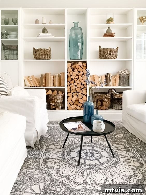 50 IKEA Hacks You Won't Believe Are IKEA 21 A pristine white family room, featuring comfortable white couches, boasts impressive IKEA Billy bookcases custom-fitted as built-ins along the back wall. The shelves are artfully arranged with an eclectic mix of art, natural wood elements, books, and various decorative items, creating a sophisticated and personalized display.