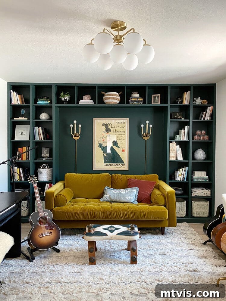 50 IKEA Hacks You Won't Believe Are IKEA 24 A vibrant music room features a deep dark green wall as a backdrop for a cheerful yellow couch and an array of guitars. The wall is enhanced with custom built-in shelves, ingeniously crafted from a DIY IKEA hack using Billy bookcases, creating a personalized and artistic display space.