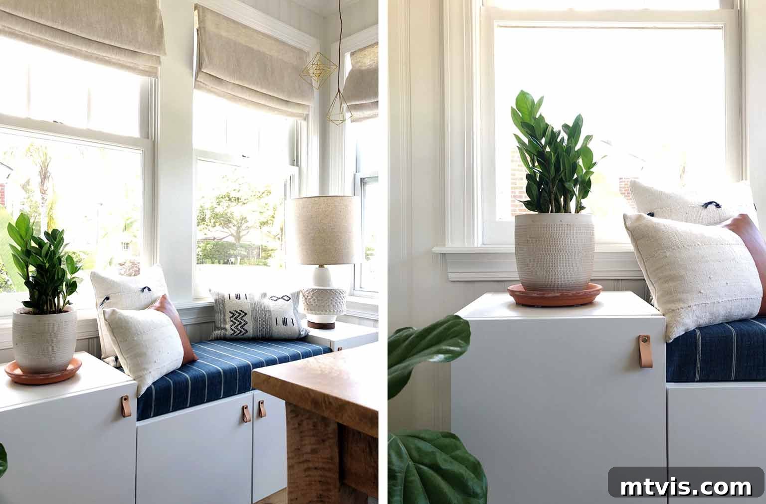 50 IKEA Hacks You Won't Believe Are IKEA 29 Two distinct views of a charming white and blue dining room window seat, ingeniously crafted from IKEA Sektion cabinets and topped with a comfortable cushion. These perspectives highlight the versatility and aesthetic appeal of this DIY furniture transformation, showcasing its integration into the dining space.