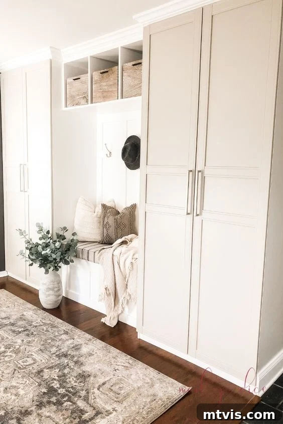 50 IKEA Hacks You Won't Believe Are IKEA 37 Two sleek IKEA Pax wardrobes are expertly separated by a custom DIY bench, together forming a stylish and functional mudroom along a wall in a welcoming living room. This ingenious hack blends storage and seating seamlessly into the home's design.