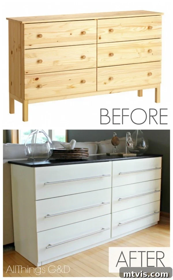 50 IKEA Hacks You Won't Believe Are IKEA 4 The upper photo displays a plain, unfinished wooden IKEA Tarva dresser. The lower photo reveals the same dresser transformed into a sophisticated kitchen sideboard, painted crisp white with stainless steel hardware and a refined wooden top, showcasing a remarkable DIY IKEA hack.