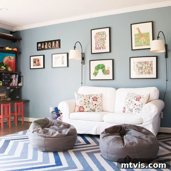 Playroom Paradise Unveiled 4 A beautifully organized kids' playroom featuring a comfy loveseat, colorful rug, and built-in storage shelves.