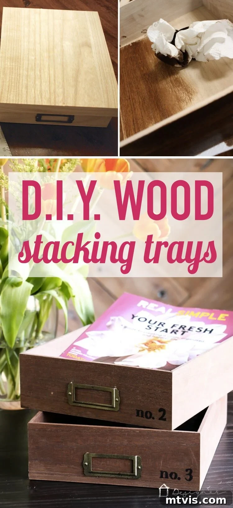 Craft Your Own Desk Organizers 2 Stunning stack of three custom-made DIY desk organizer trays with elegant typography and golden hardware, inspired by Anthropologie designs.