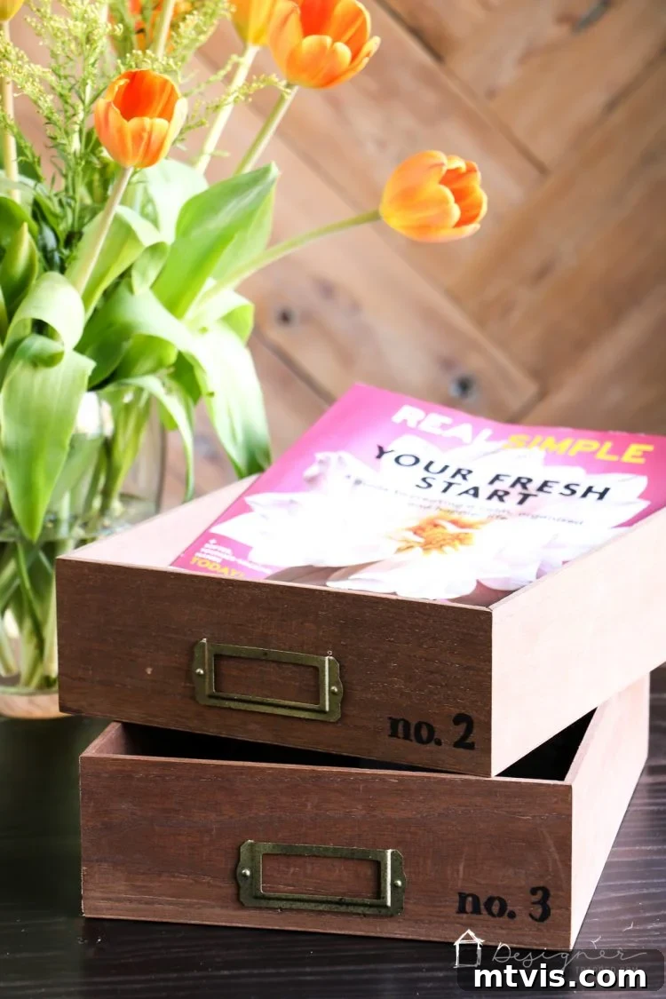 Craft Your Own Desk Organizers 8 Top-down view of a single DIY desk organizer tray with 'No. 2' typography, showcasing its ample space for papers and documents.