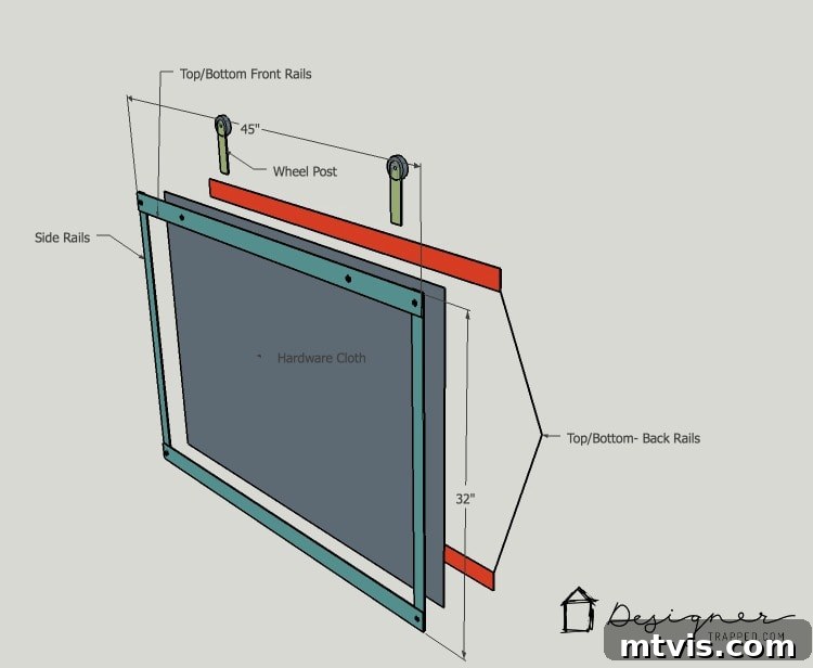 Diagram of barn door fireplace screen components for DIY assembly