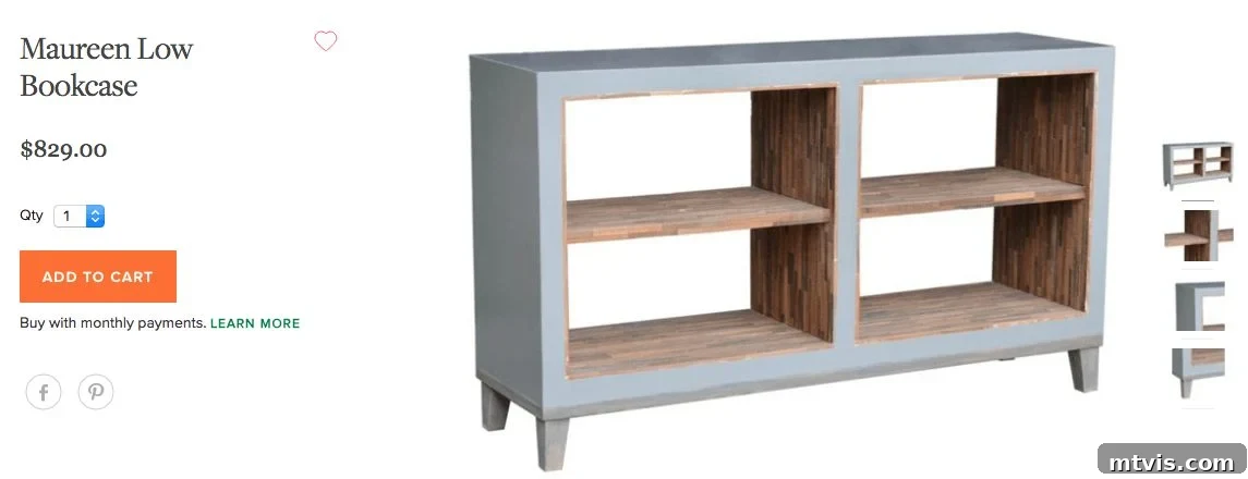 Upgrade Your IKEA Lack Designer Style Without the Price Tag 4 An advertising for a Maureen Low Bookcase lists the price as "$829.00" and has an "Add To Cart" button and a photo of the four-shelf split bookcase.