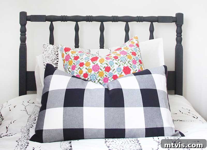 Sewing a Zippered Pillow Cover 17 DIY zippered pillow covers arranged neatly on a twin bed in a girl's colorful bedroom.