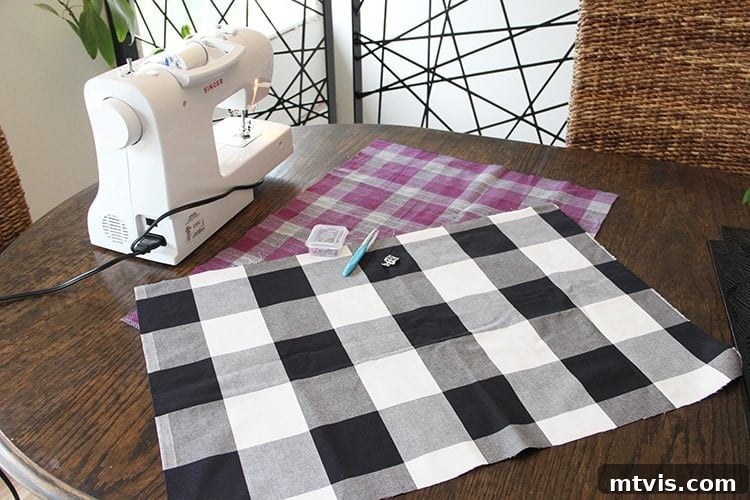 Sewing a Zippered Pillow Cover 4 Fabric being measured and cut with a ruler and fabric scissors for a DIY pillow cover.
