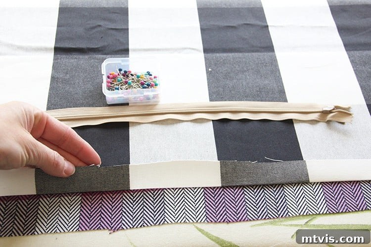 Sewing a Zippered Pillow Cover 5 Fabric edge being pressed with an iron to create a seam allowance for zipper attachment.