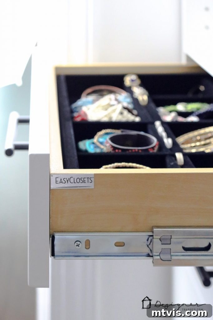 DIY Closet Makeover: Obsessed with the Results! 15 Close-up of the elegant velvet-lined jewelry organizer, a luxurious and practical feature of the custom closet system.