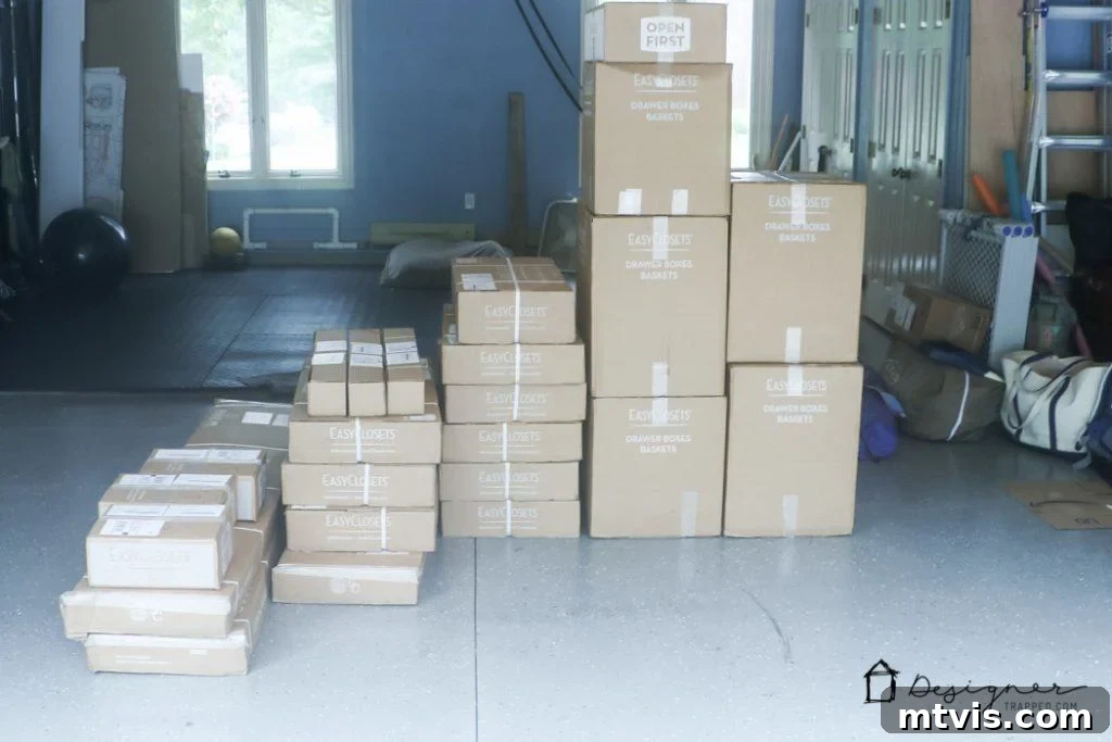 DIY Closet Makeover: Obsessed with the Results! 3 Unpacking the EasyClosets DIY system components, highlighting the organized packaging and clear instructions for a smooth installation.