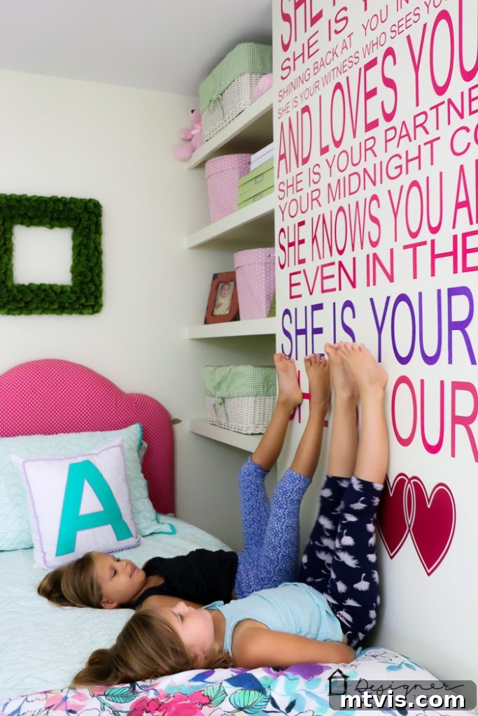 Craft Your Own Vinyl Wall Quotes 11 Large vinyl wall quote about sisters on wall in girl's bedroom, a close-up of the finished design