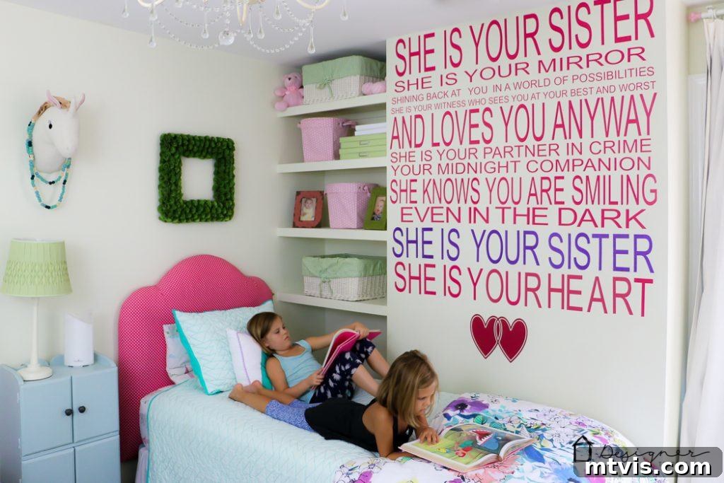 Craft Your Own Vinyl Wall Quotes 9 Finished DIY vinyl wall quote about sisters on wall in girl's bedroom