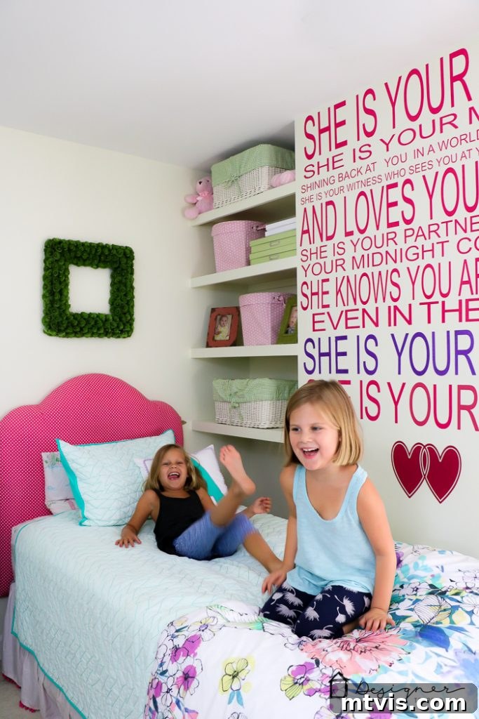 Craft Your Own Vinyl Wall Quotes 10 Vinyl wall quote about sisters on wall in girl's bedroom, showing the final installation