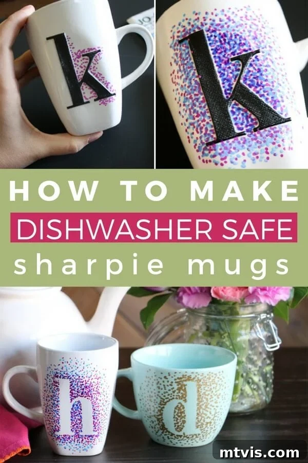 Playful Dotted Sharpie Mugs 2 A large graphic with four pictures of dotted Sharpie mugs in various states of completion with a central call-out box with text that reads, "How to Make Dishwasher Safe Sharpie Mugs."