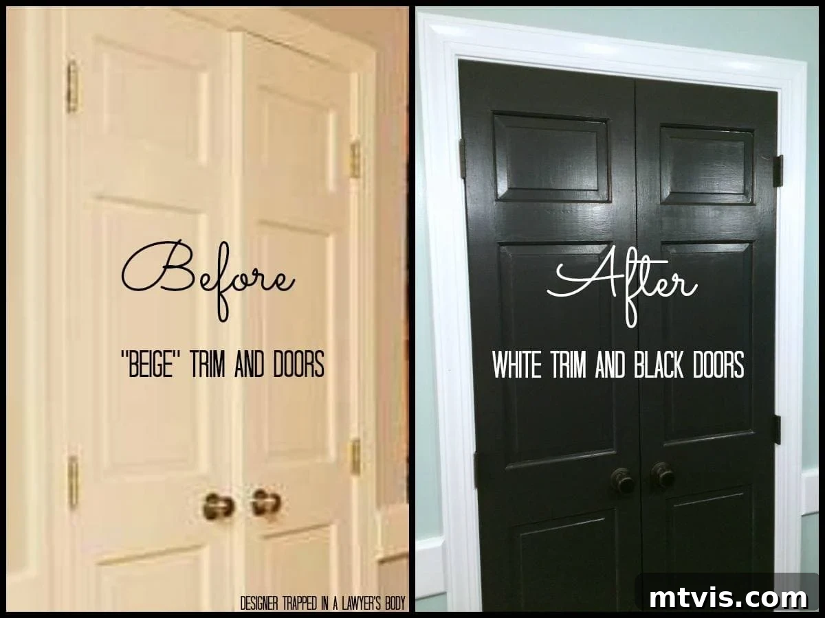 DIY Drama Black Doors White Trim 6 A side by side picture of pantry doors. The left photo shows beige walls, doors and trim, with center text that reads, "Before Beige Trim and Doors" and the right side picture shows the updated black pantry doors with white trim and a mint green wall. The words over the picture says, "After White Trim and Black Doors."