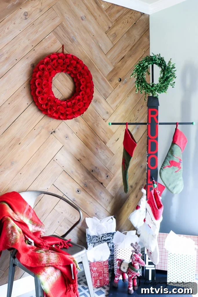 Close-up of DIY Stocking Holder Stand with various stockings