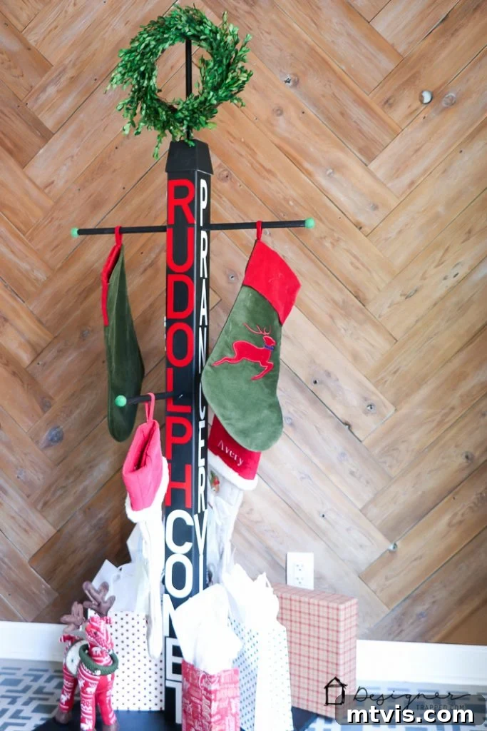Decorated DIY Stocking Holder Stand ready for the holidays