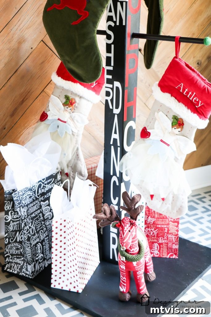 Full view of the DIY stocking holder stand with four stockings