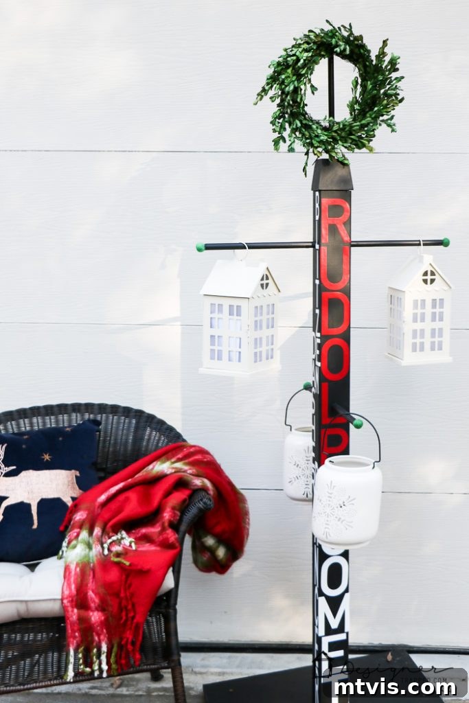 The versatile DIY Stocking Holder Stand with lanterns outdoors