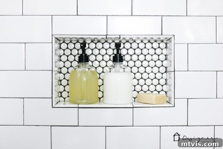 Practical and stylish shampoo and conditioner pump dispensers in the DIY bathroom remodel, perfect for simplifying bath time for children.