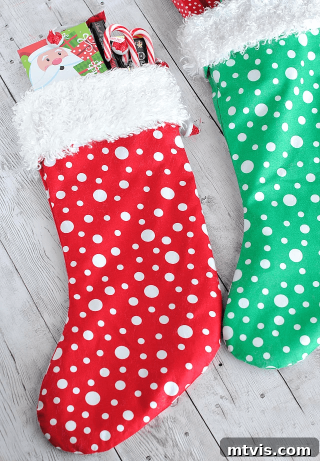 Craft Your Own Christmas Stockings 4 Easy ten-minute Christmas stockings made from various festive fabrics, showcasing a quick DIY project.