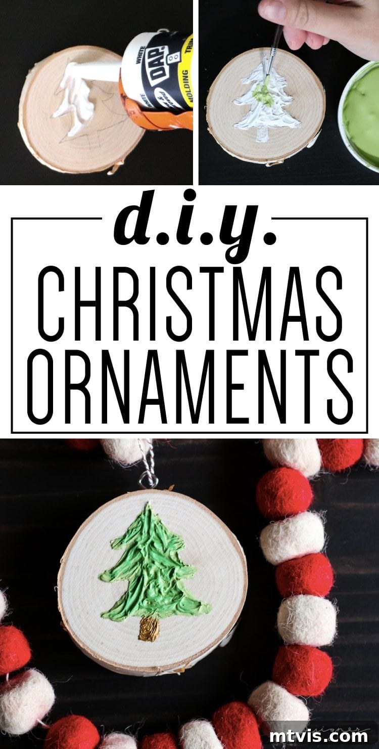 Create Stunning Textured Holiday Decor 2 Stunning handmade textured Christmas tree ornament crafted from a wood slice and caulk, showcasing a unique and easy DIY Christmas decoration idea.