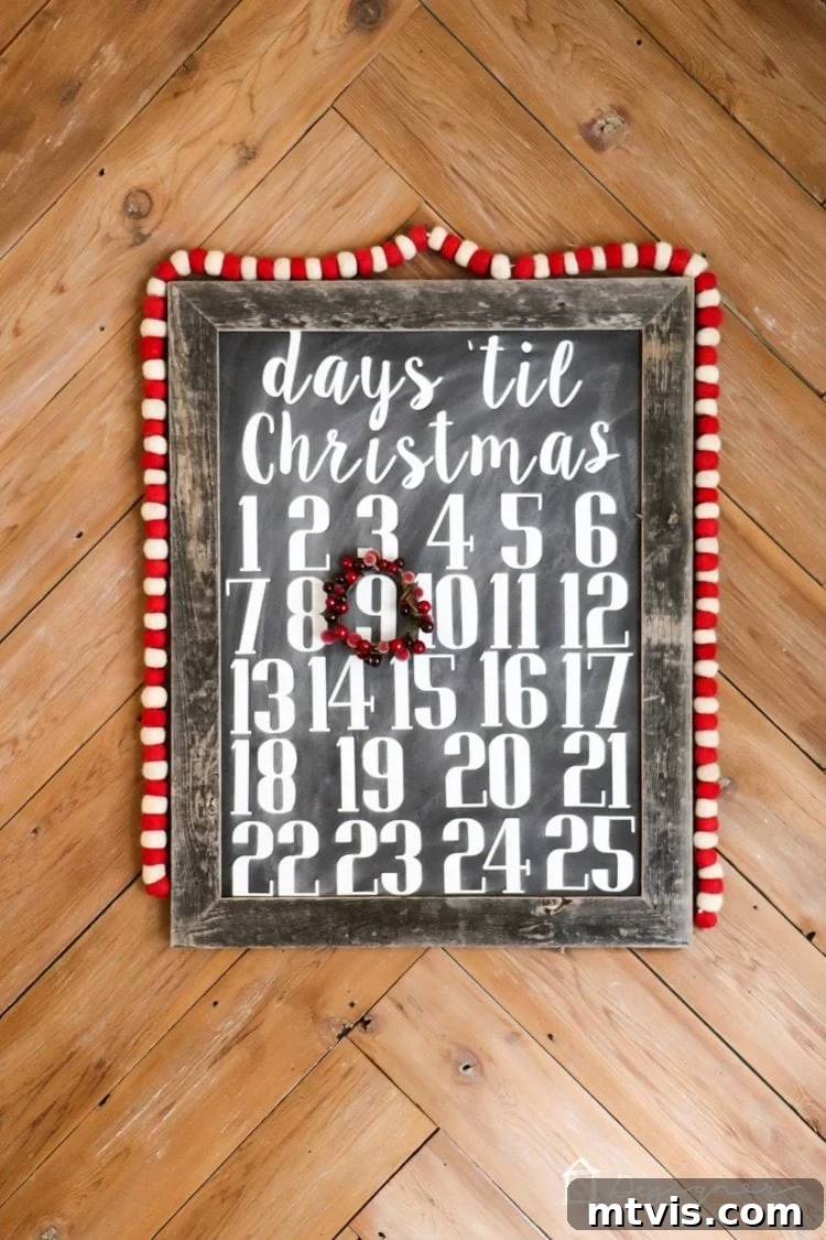 Handcrafted Christmas Countdown 2 A beautifully crafted DIY Christmas countdown calendar with a mini wreath marking a day, set within a rustic frame.