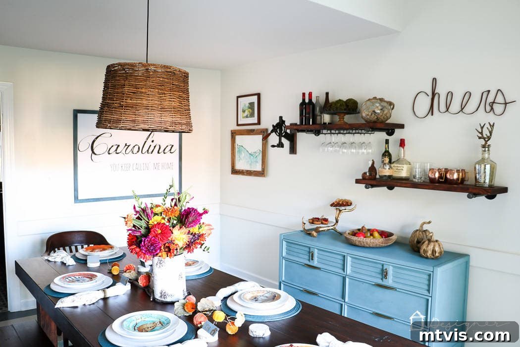 Your Ultimate Guide To Effortless Pipe Shelves 8 View of a colorful dining room featuring industrial pipe shelves styled with decor