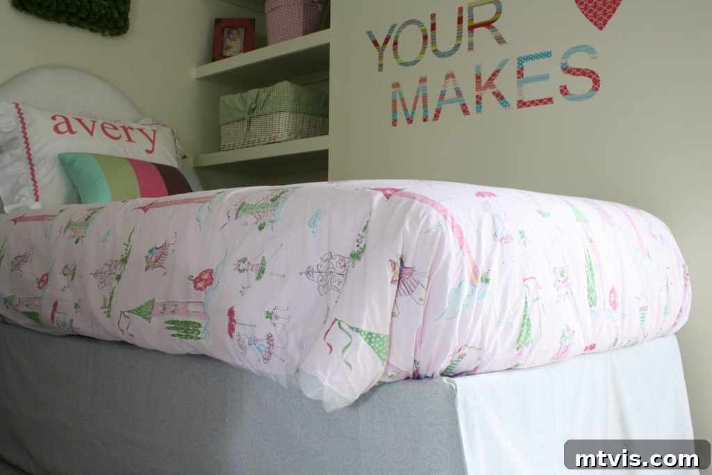 Princess Room Bedding Details and DIY Pillows Close-up of DIY bedding, personalized shams, and accent pillows in princess room