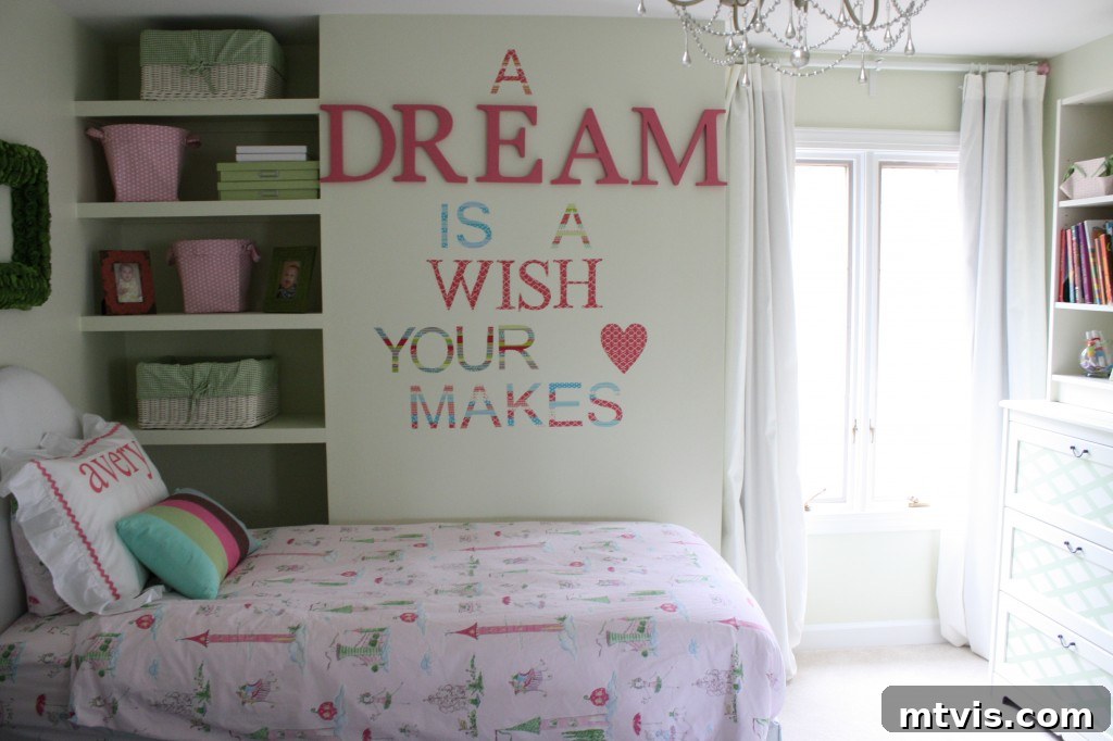 Girls' Room Corner with Custom Shelves Functional floating shelves expertly built into a girls' princess room corner