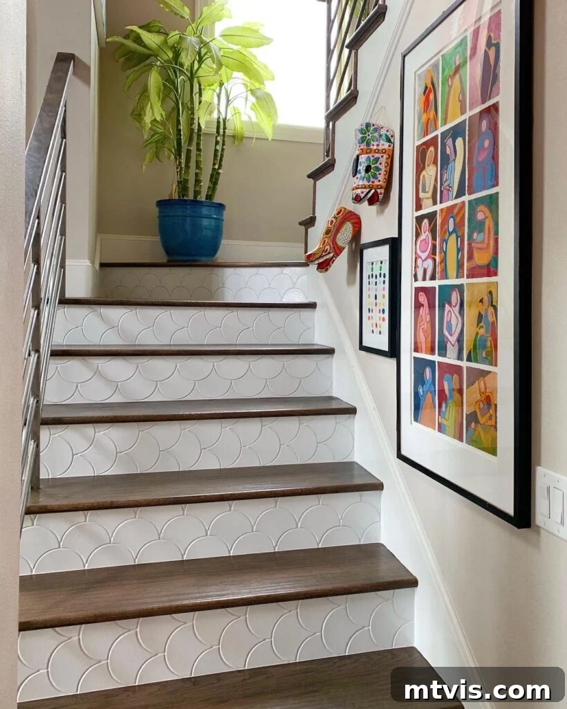 Chic Stair Risers: Elevate Your Home's Style 4 Staircase with beautifully tiled risers, featuring a striking pattern.