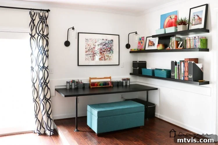 Girls' playroom featuring a long DIY pipe desk paired with a functional storage bench for an organized space.